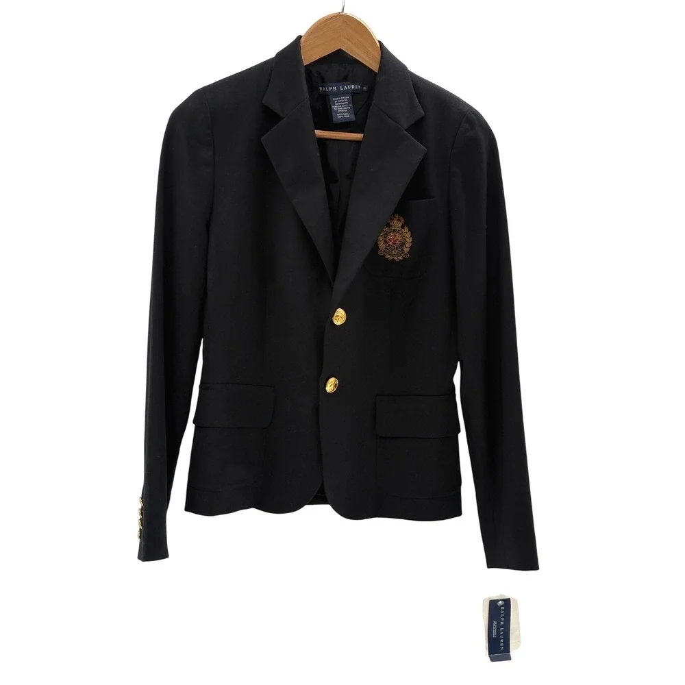 Ralph‎ Lauren Blazer Crest Cricket Dark Nay Blue Gold Buttons Women 6 Wool New